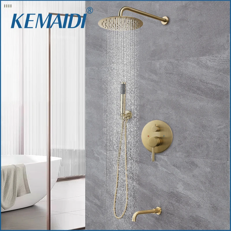 KEMAIDI Brushed Gold Shower Faucet Embedded In Shower Mixer Tap Wall Mounted Bathroom Rainfall Shower Combo Set 3 Ways Kit