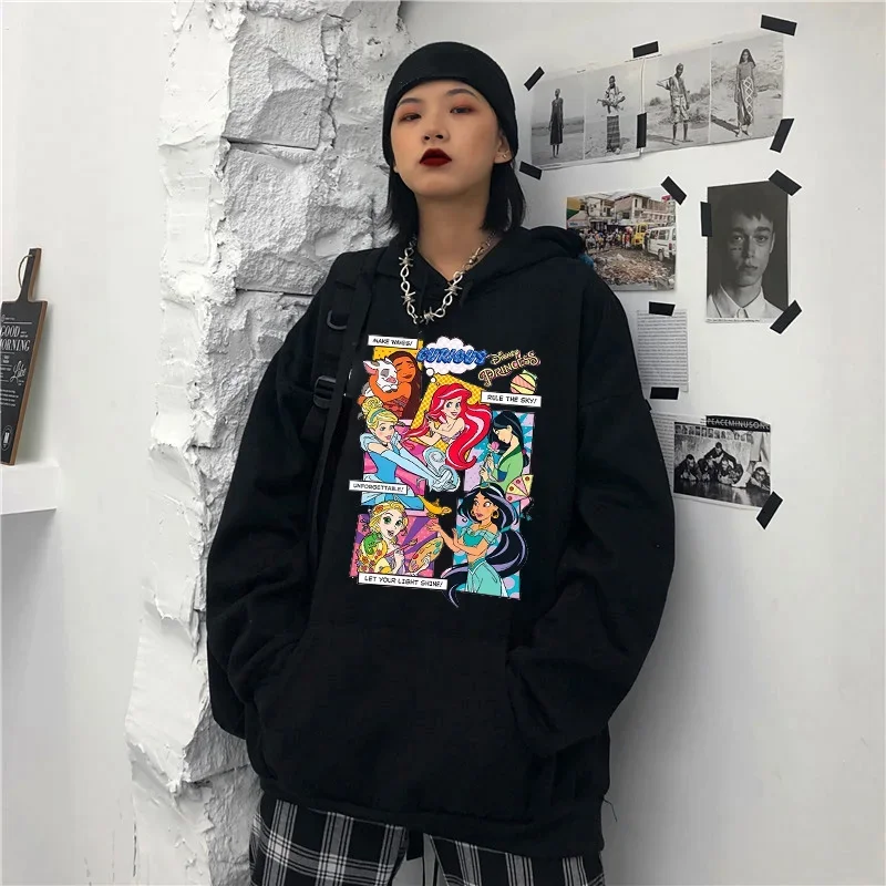 Harajuku Women Hoodies Kawaii Disney Cartoon Ariel Princess Mermaid Printed Streetwear Casual Round Neck Pullovers Sweatshirts