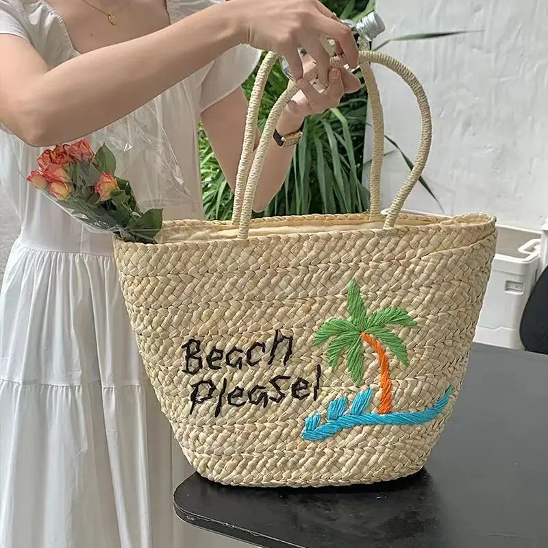 

2024 Summer Women's Large Capacity Coconut Tree Straw Bag Bohemia Bali Hand Woven Rattan Tote Bag Seaside Vacation Beach Handbag