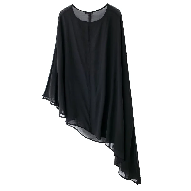 TRAF 2024 Translucent Asymmetric Capes Women Autumn Women's Poncho Black O-Neck Long Chiffon Coat Woman Party Chic Elegant Cloak