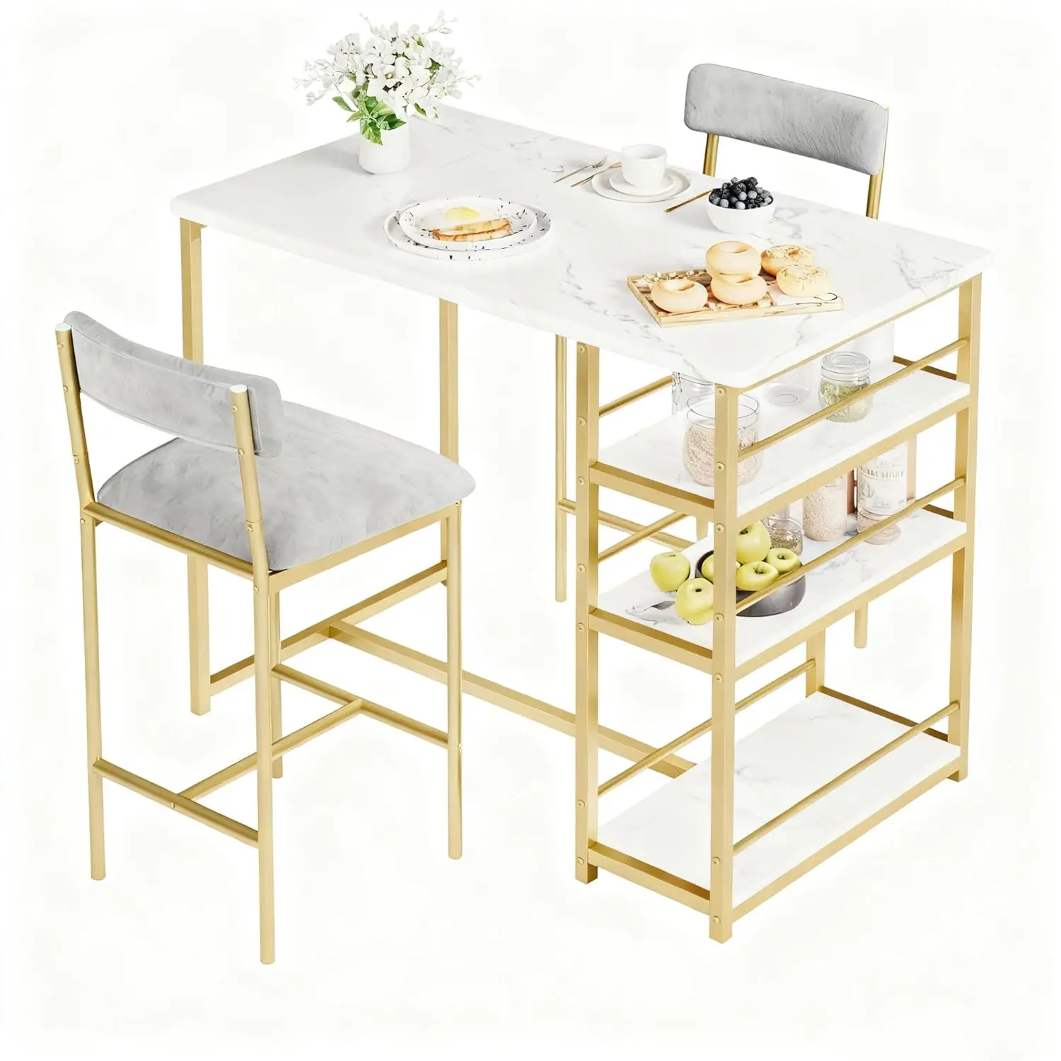 

3-Piece Bar Table Set 2 Velvet Stools 3 Shelves Small Apartment Dining Gold Marble, Customized
