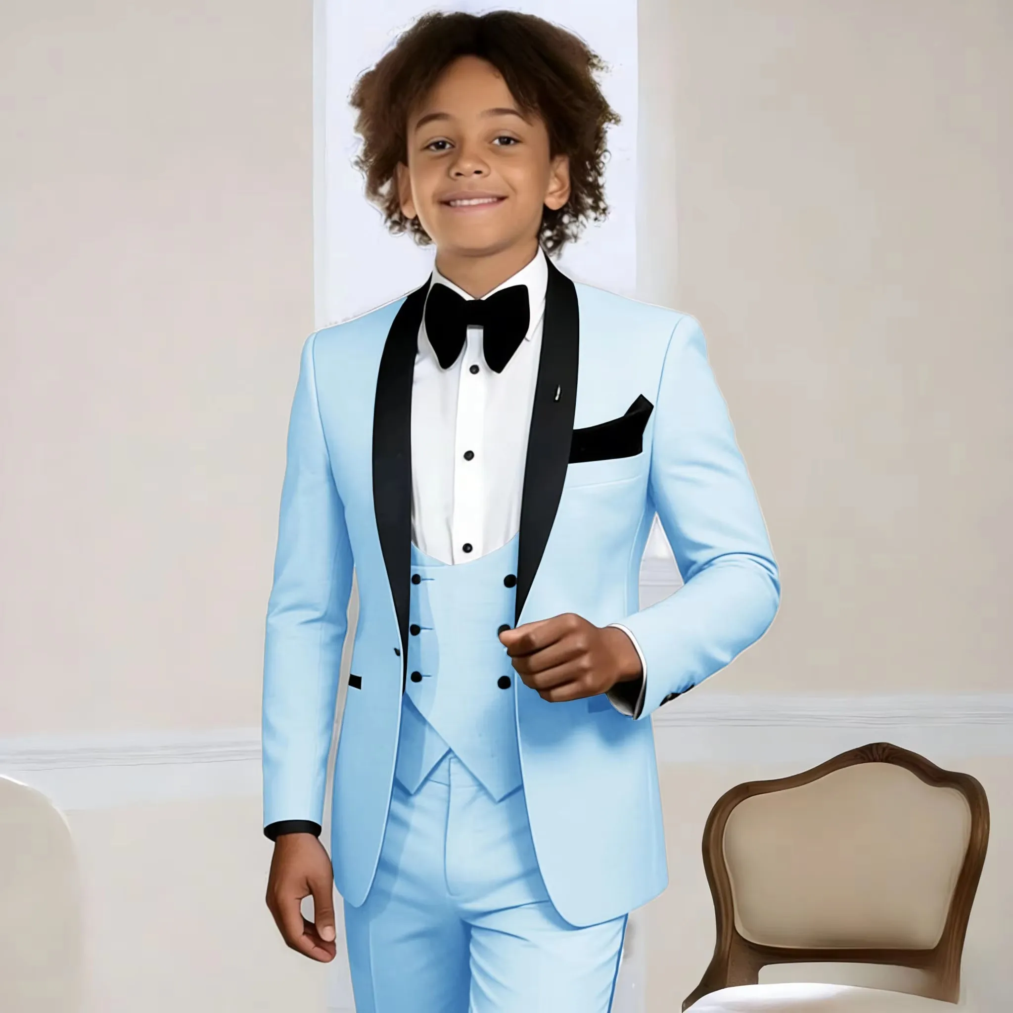 Kids Mint Green Tuxedo with Black Lapel 3-piece Set Jacket Vest Pants Custom Clothes of Boys Wedding Suit for Prom Party Gift
