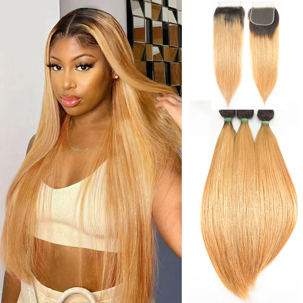 

1B/27 Honey Blonde Human Hair Bundles With Closure Brazilian Straight Bundles With Closure 3/4 Human Hair Weave Extensions