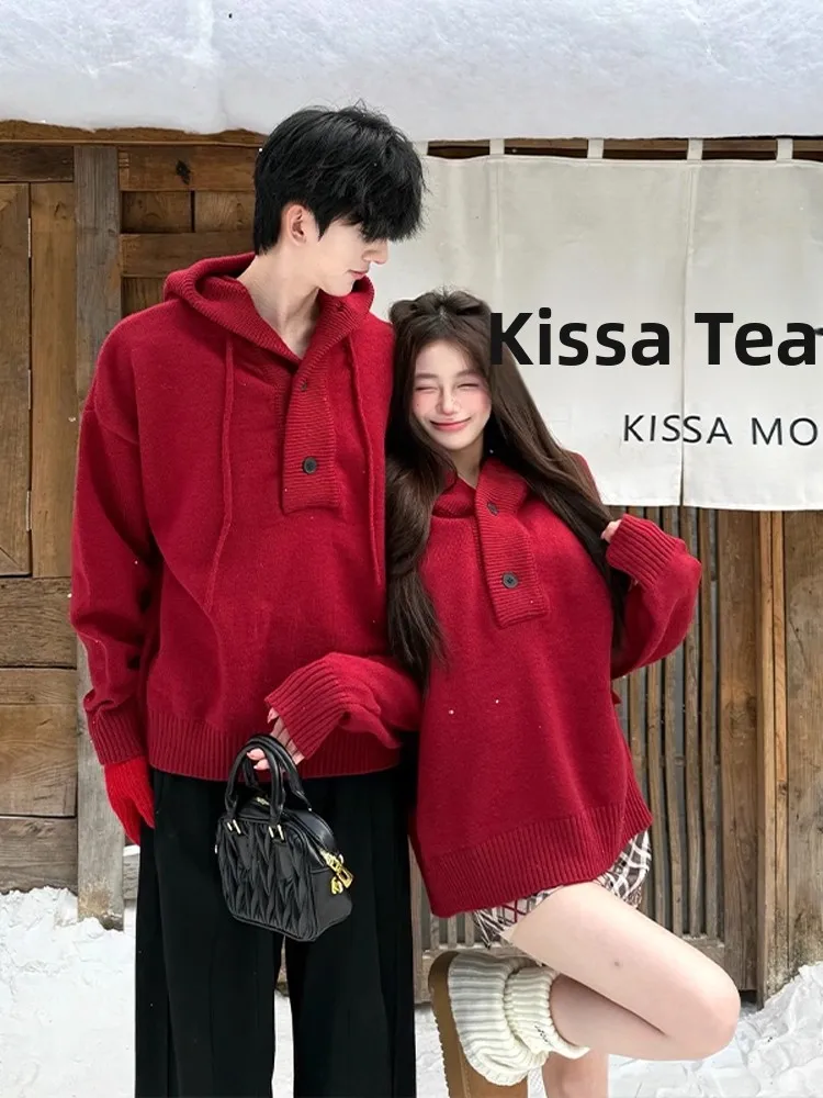 

Red American Retro Hoodie Men's Autumn Winter Loose Lazy Couple Knitted Sweater Coat Sweatirt Casual Sle Regular Fit