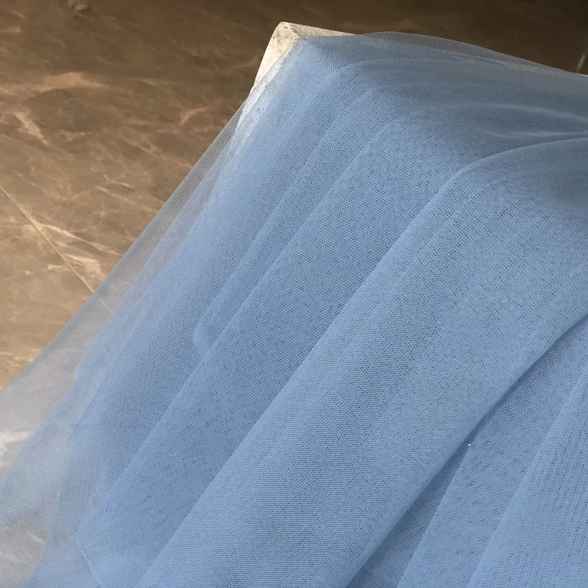High-End Mesh Gray Blue and Haze Anti-Drawstring Close-Fitting Soft Draping Fabric for Wedding Dress Cloth Fabric