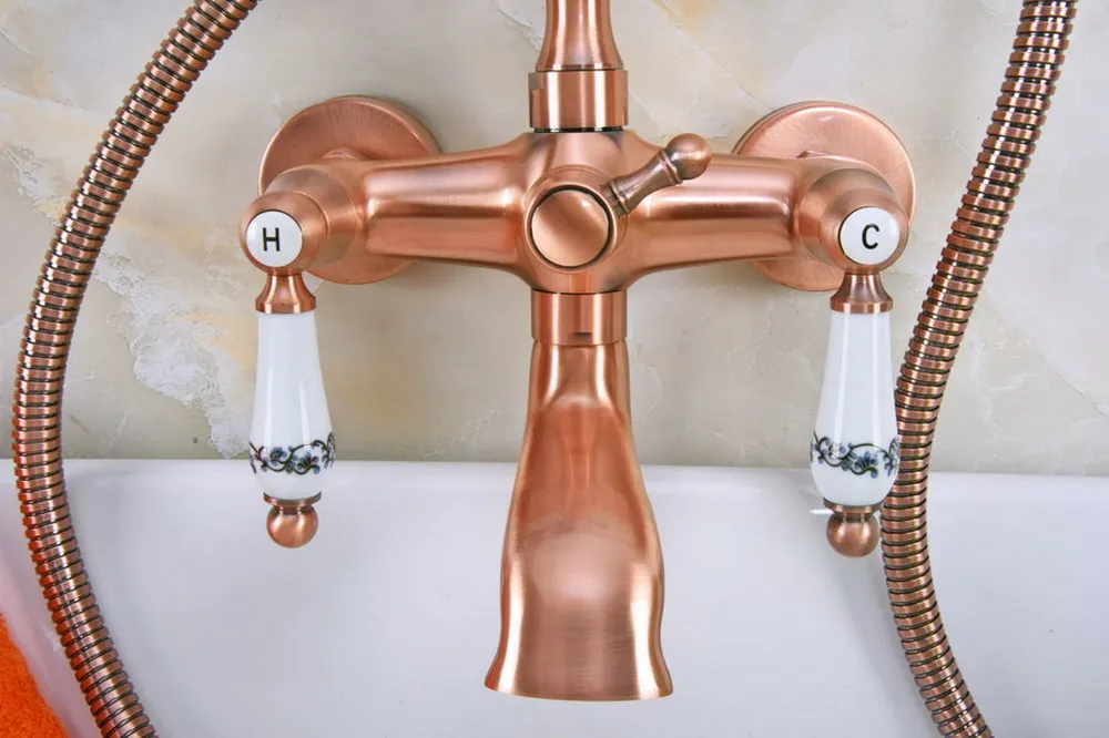 Antique Red Copper Wall Mount Dual Ceramic Handles Bathtub Faucet Telephone Style Tub Shower Mixer Taps