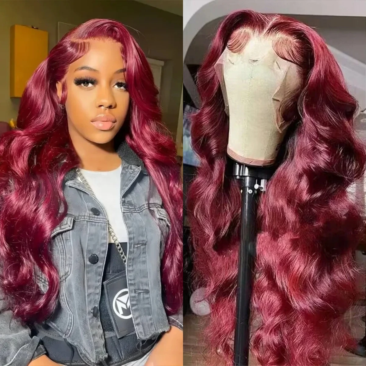 

99J Colored Body Wave Lace Front Wig Burgundy 13x4 Lace Frontal Human Hair Wigs 200% Density Pre Plucked Brazilian Wig For Women