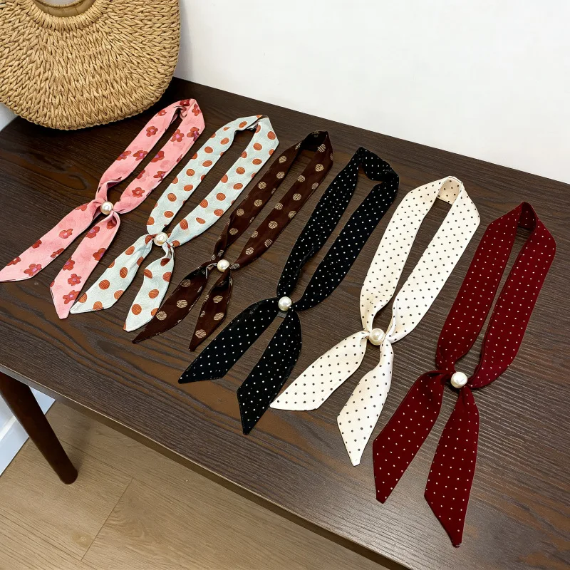 

Korean Retro Polka Dot Beaded Scarf Necklace for Women Spring Summer New Long Ribbon Silk Scarf Sweater Chain Simple Accessory