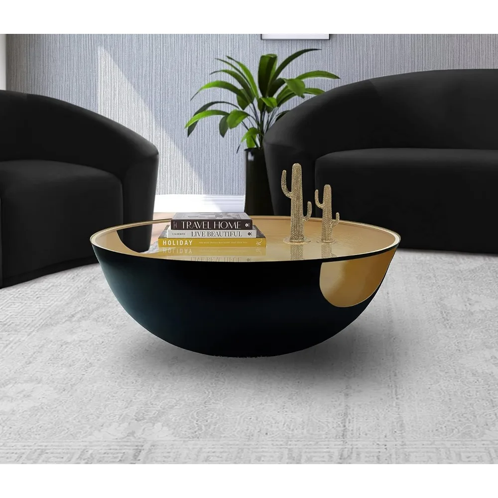 Collection Glass Top Matte Black Metal Coffee Table with Brushed Gold Interior, 32 W x 32 D x 15