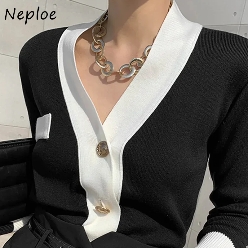 Neploe Hit Color Patchwork Knit Pullover Sweater Women V Neck Long Sleeve Pull Femme Spring 2024 New Ol Sueter Feminino