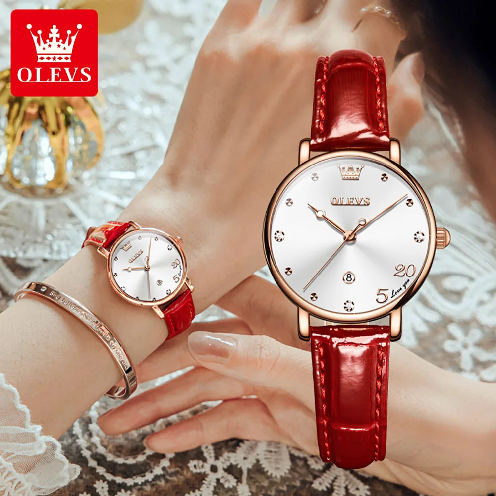 OLEVS reloj minimalista para mujer, marca superior, reloj de pulsera de cuarzo a la moda de lujo, correa de cuero, relojes luminosos impermeables para mujer