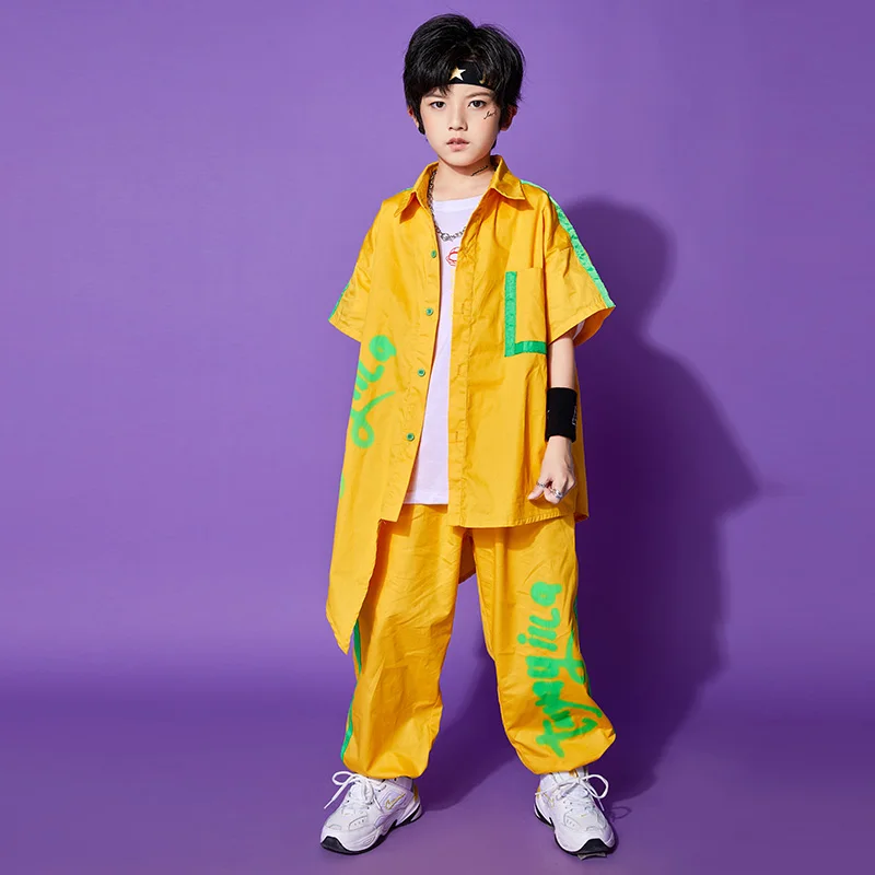 Wear Pants for Girls Boys Jazz Dance Costume Set Clothes Kids Hip Hop Showing Clothing Yellow Short Sleeve Shirt Tops Street