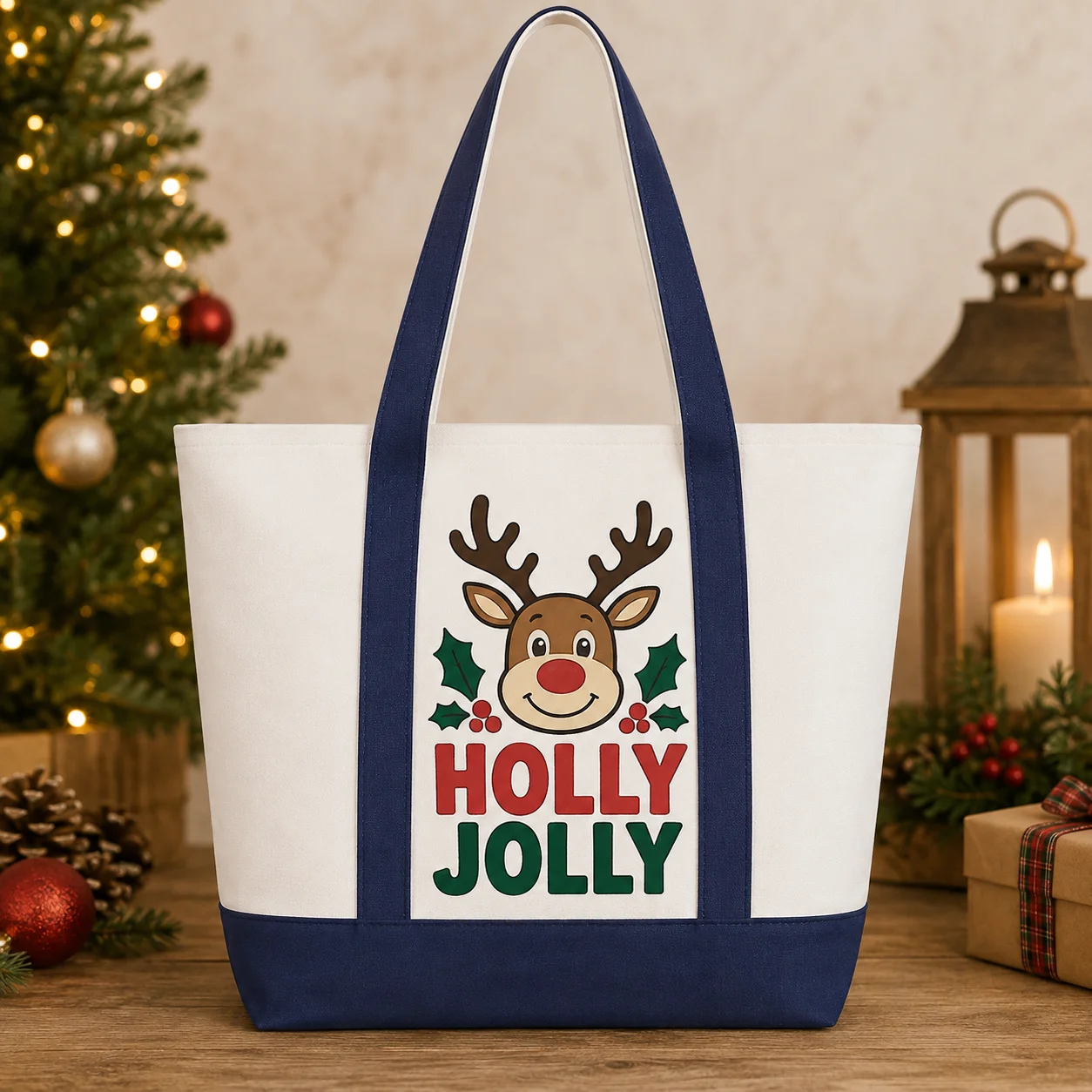 Holiday Canvas Tote Bag Christmas Reindeer Tree Add Name Photo Message Large Shopping Gift Handbag For Women Kids Seasonal Gifts