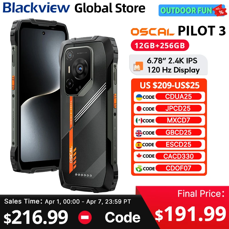 Blackview Oscal PILOT 3 Rugged Phone 6.78-inch 2.4K IPS 120Hz Display 5G MediaTek Dimensity 6300 50MP 7500mAh NFC Cellphone