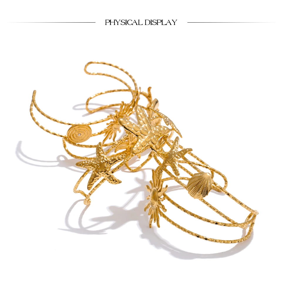 Yhpup Ocean Series Golden PVD Starfish Shell Sun Cuff Bracelet Open Wrist Jewelry Stainless Steel Bangle for Summer Holiday