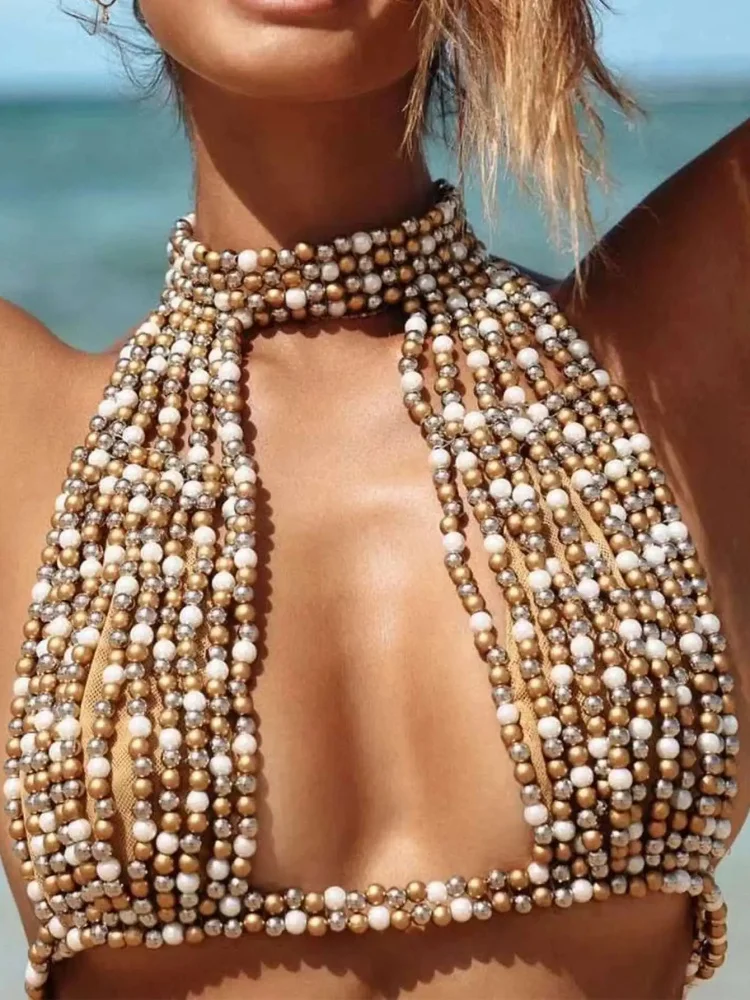 Fashion Sexy Women's Body Jewelry Hand Beading Chest Chain Bikini Sand Beach Bra Night Club Birthday Party Body Chain