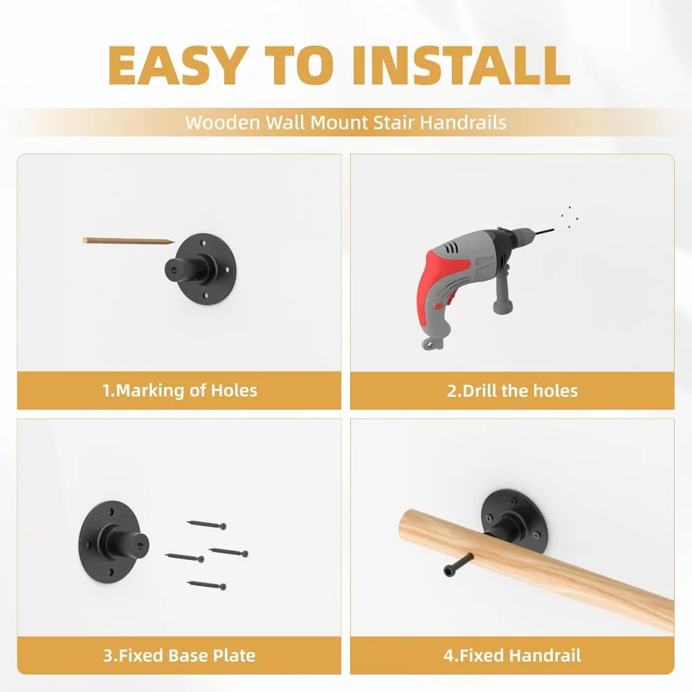 درابزين درج غير قابل للانزلاق مثبت على الحائط في الأماكن المغلقة والخارجية، درابزين خشبي بطول 4 أقدام للخطوات، درابزين متين للدرج الداخلي