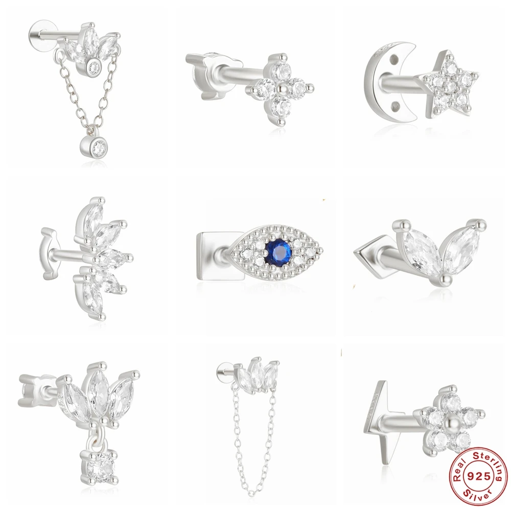 AIDE 1 sztuka 925 Sterling Silver dwustronny kwiat gwiazda cyrkon chrząstka kolczyk do piercingu dla kobiet Tragus Helix kość ucha klejnot