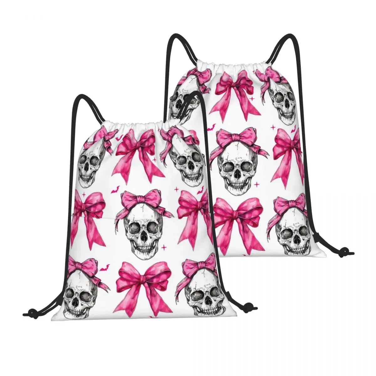 Drawstring Backpack Pink Skull Coquette Bow Bat Halloween Skeleton Shoulder Bag Zipper Pocket Sports Travel Hikes Portables Bag