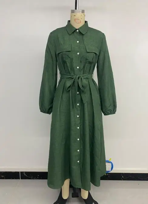

New Autumn Women's Lapel Long Sleeve Green Dress Female Daily Clothing Basics Style 2025 Women's Lace Up Fashion Shirt Dresses