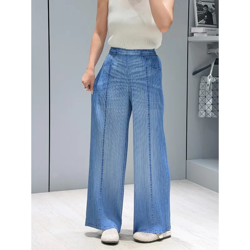  Pleated Pants 2026 New Fashion Simple Faux Denim Color Women's Elastic Waist Stretchy Draped Straight Pants with Pockets
