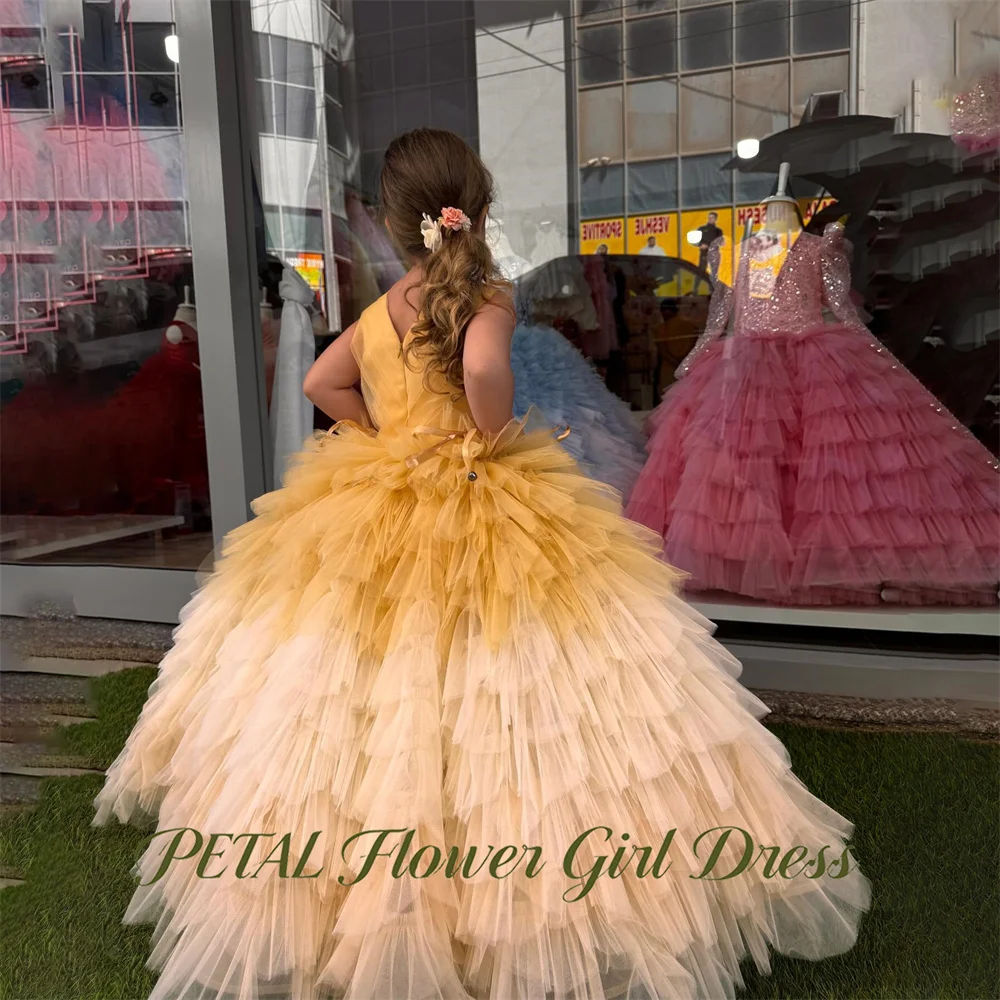 Petal Yellow Cream White Gradient Fluffy Flower Girl Dress with Layers Shape Kids Birthday Party Dress Tutu A Line Prom Gown