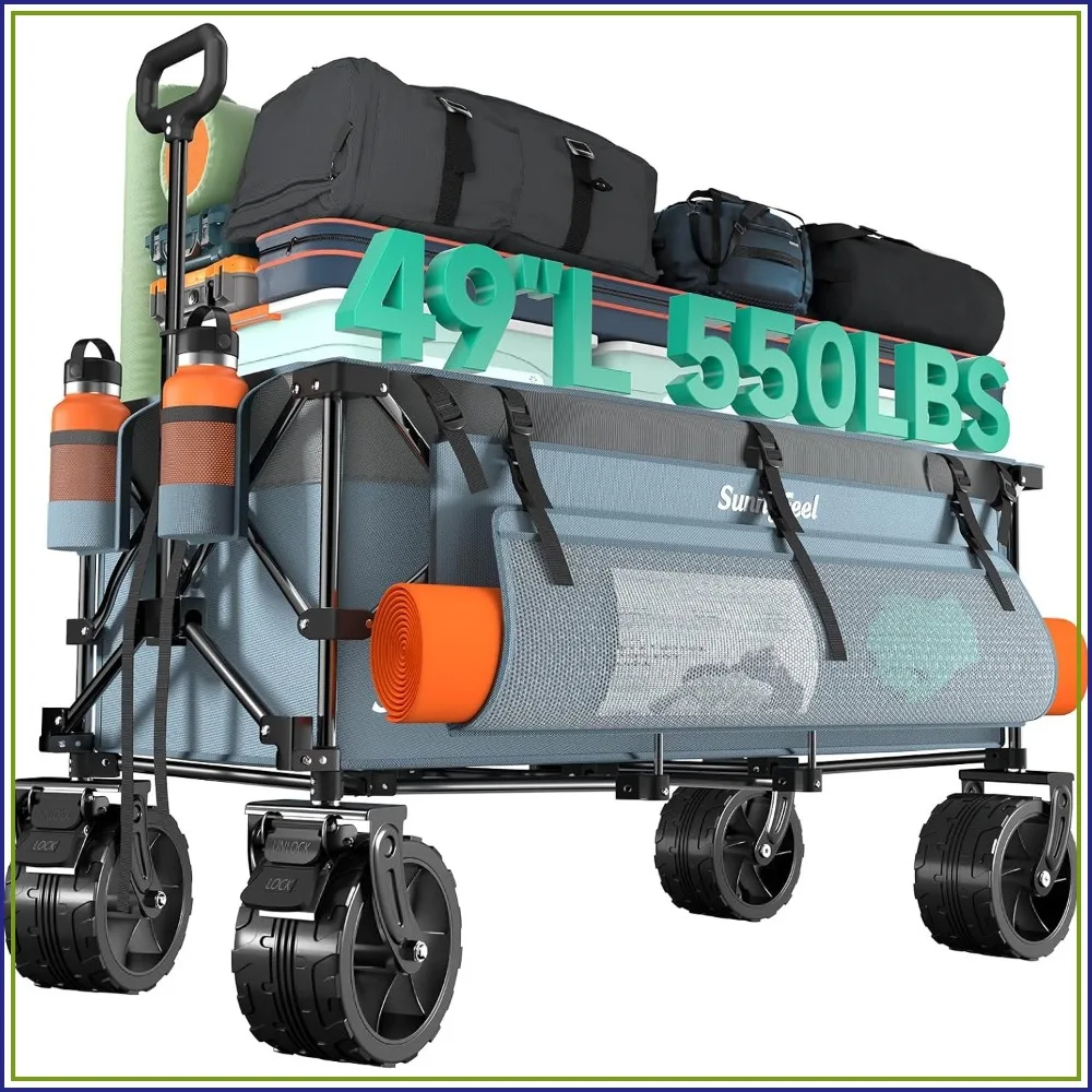 550LBS Heavy Duty Extra Long Foldable Wagon Cart with Big Wheels - Utility Grocery Wagon for Garden Sports Camping Outdoor Activities