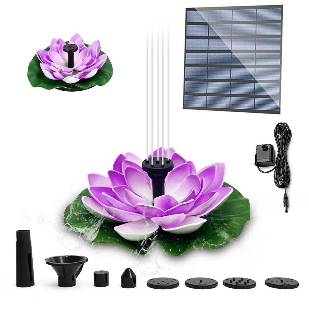 Artificial Lotus Flowers Garden Floating Fountain Brushless Pump Lotus Solar Water Fountains Outdoor Pond Decoration (Purple)