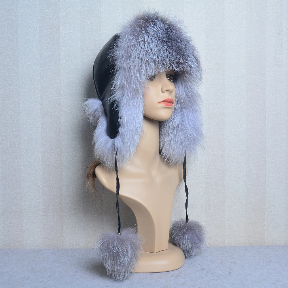 Quality Silver Blue Fox Fur Snowboard Cap Winter Sheep Leather Hat with Ears PomPom Flower Print Women\'s Fur Hats for Winter