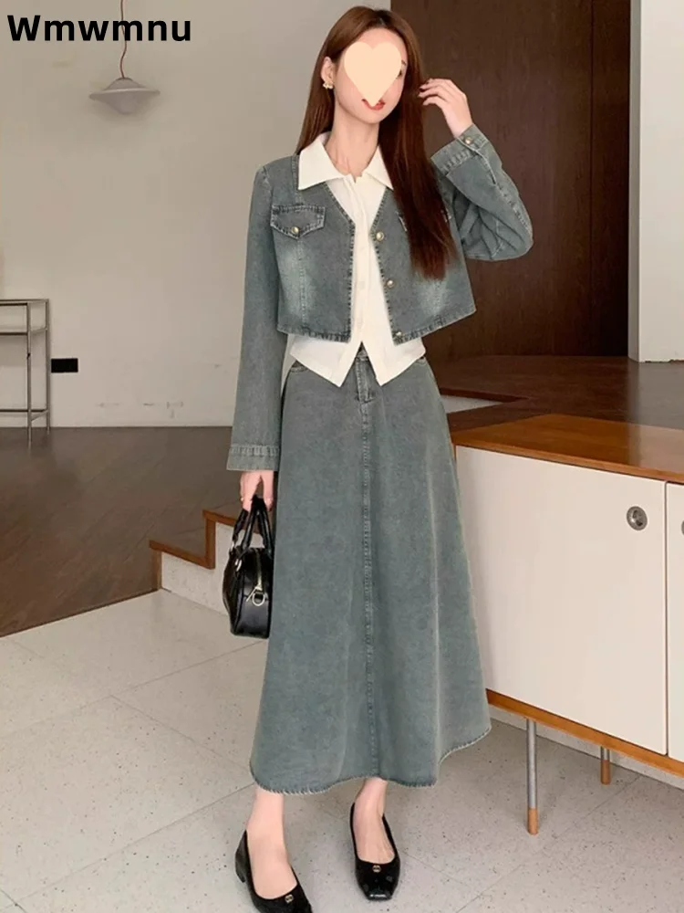 

Elegant Women's Casual 3 Piece Set Outfits Fashion Baggy Ankle-Length Skirt Conjuntos New Loose Vintage Korean Denim Ensembles