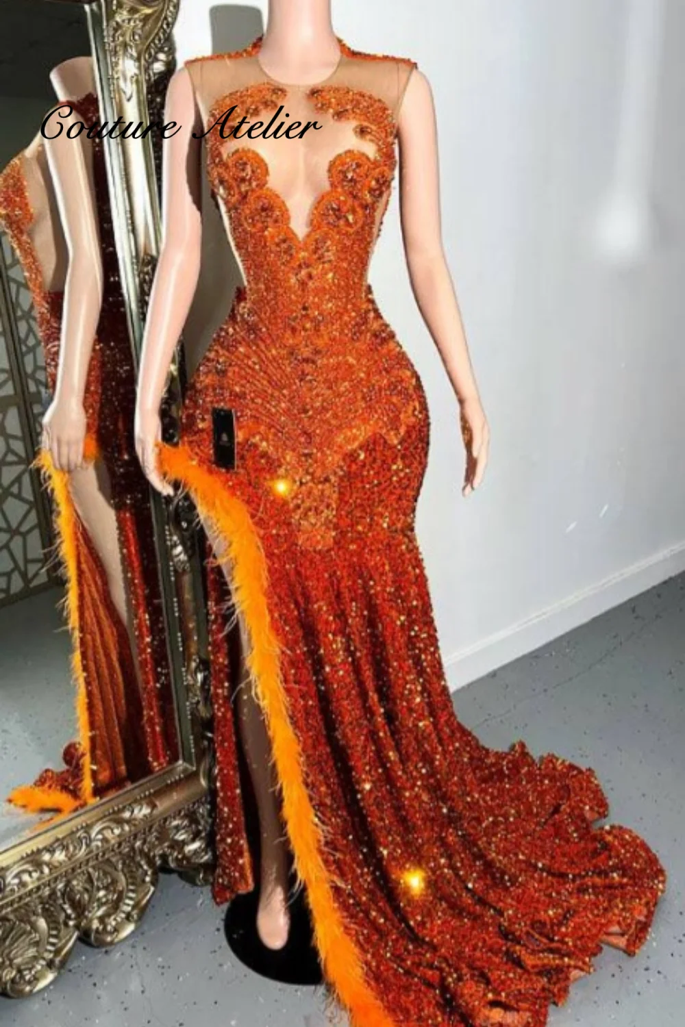 

Dark Orange Birthday Prom Dresses Blackgirls Rhinestones Feathers Split Mermaid African Wedding Dress Pictures Fit Customized