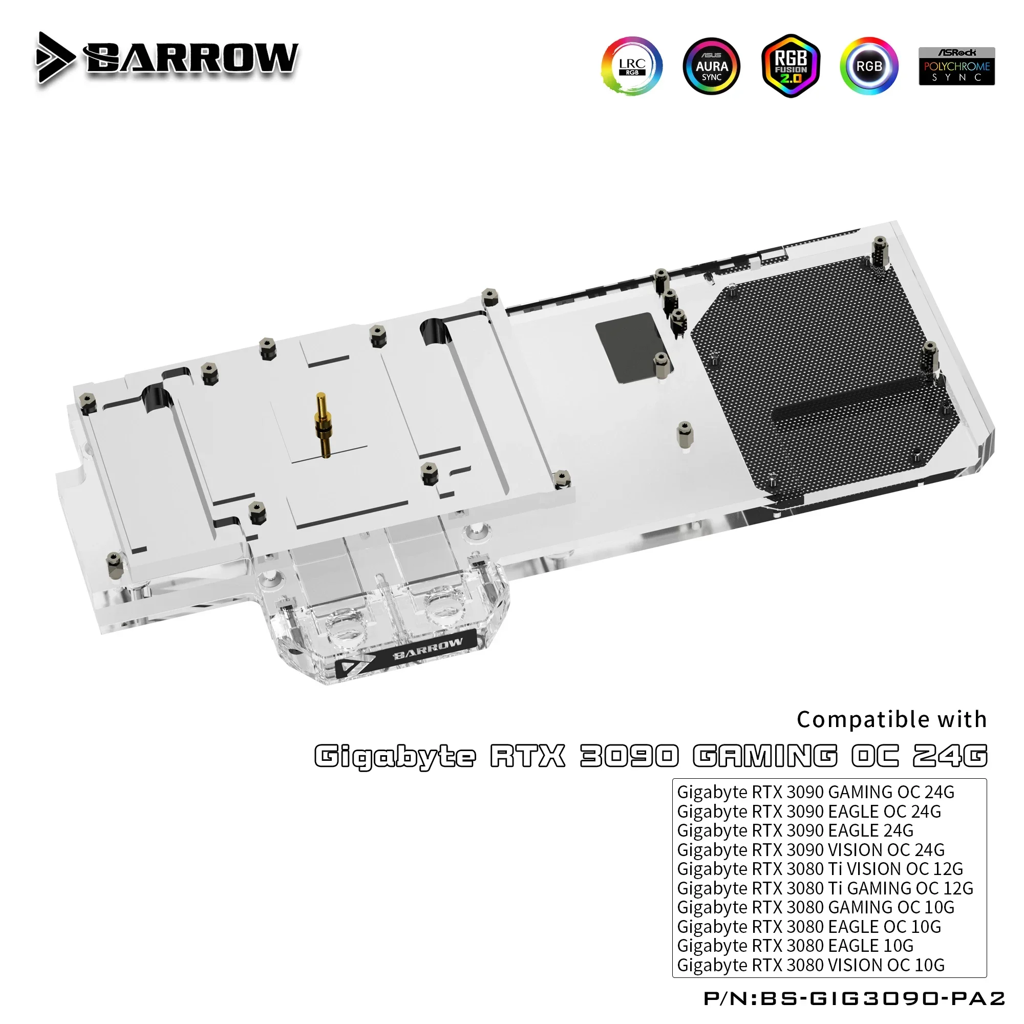 배로우 3090 3080 GPU 수냉 블록, 기가바이트 3090/3080 게이밍 이글 비전 OC, 풀 커버 ARGB GPU 쿨러, BS-GIG3090-PA2