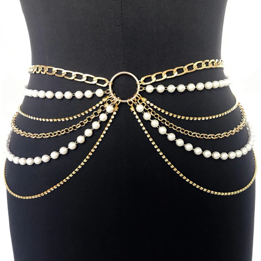 2023 New Fashion Multi-layer Metal Chain Waist Chain Female Imitation Pearl Body Chain 8289