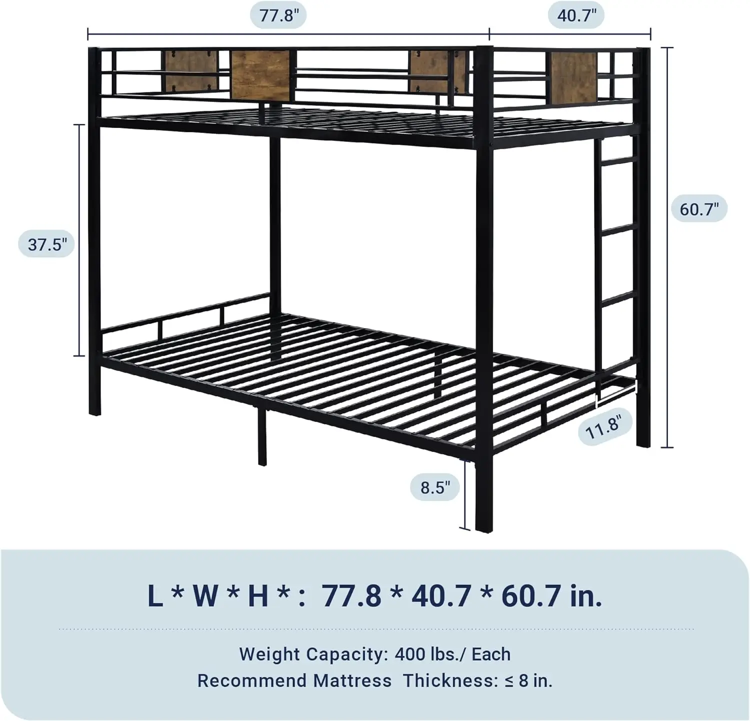 Lit superposé double ou jumeau avec accents en bois rustique, cadre en métal robuste, design peu encombrant, silencieux, noir