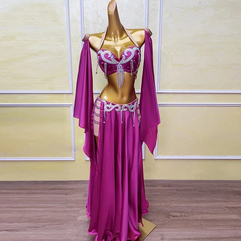NEW Belly Dance Costume AB Stone Female Adult Children High-End Rose Red Split Skirt Samba Performance High Flash Dress