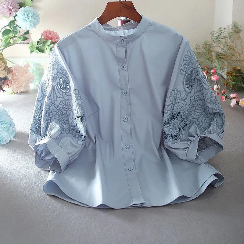 2025 Summer Pure Cotton Stand-up Collar Hollow Out Embroidered Shirt Tops  Women Temperament Loose Fitting Lantern Sleeve Blouse