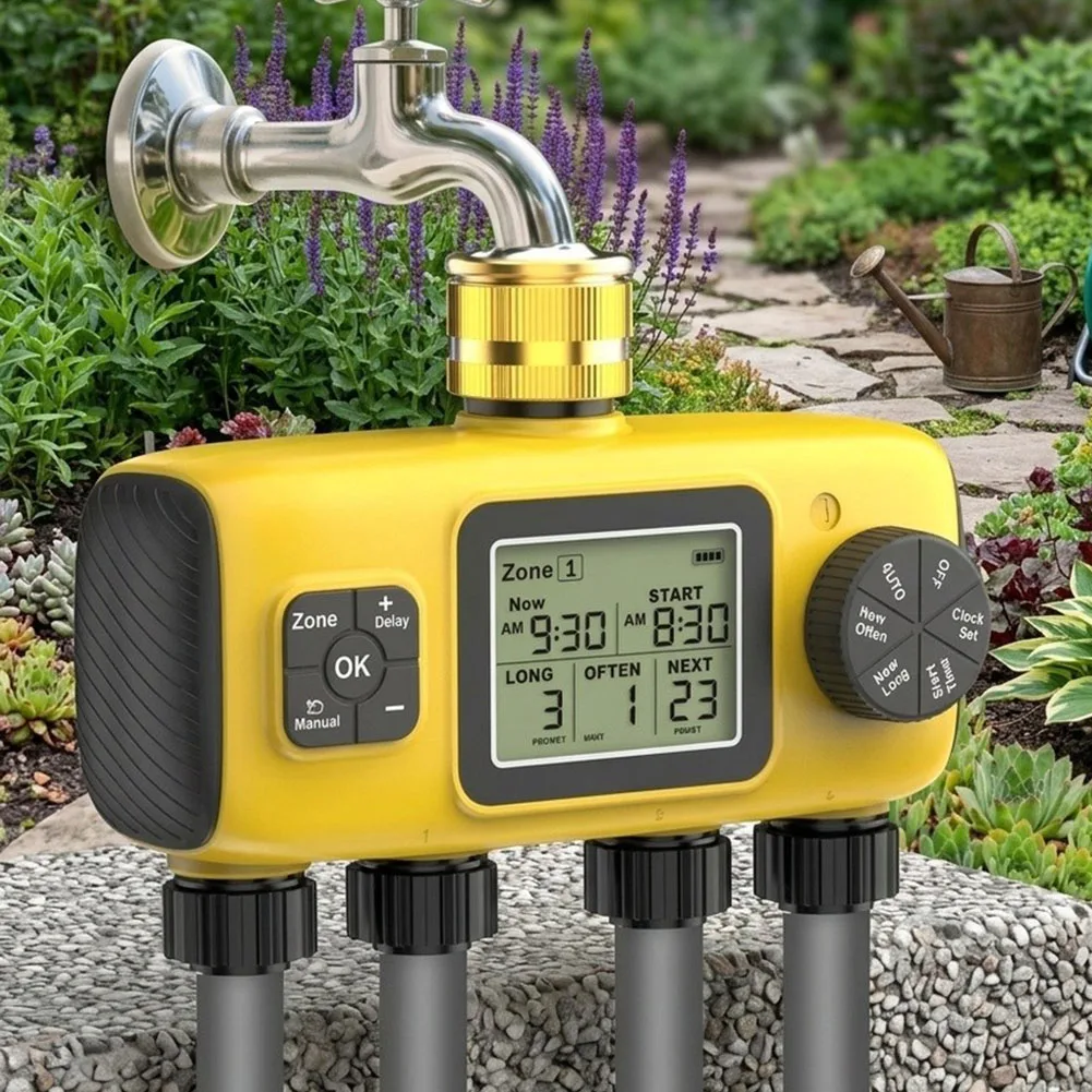 Garden Water Controller 4 for zone Hose Timer Brass Inlet Construction IP65 Weather Resistant 3.4 Inch LCD Screen Large Font