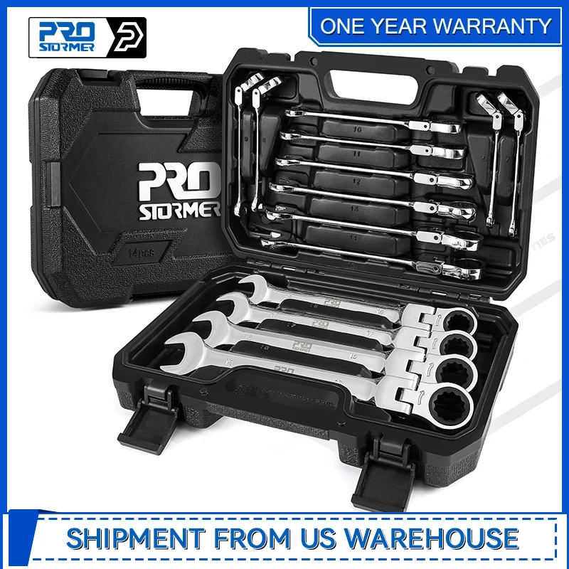 14-Piece Metric Flex-Head Ratcheting Wrench Set 6-19mm Combination Wrench Kit with Storage Case 72 Tooth Cr-V Steel Constructed