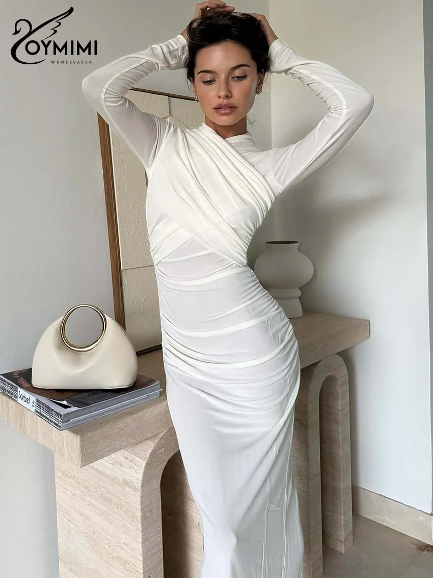 

Oymimi Elegant White Slim Womens Dresses Fashion O-Neck Long Sleeve Solid Dresses Casual Straight Ankle-Length Dress Streetwear