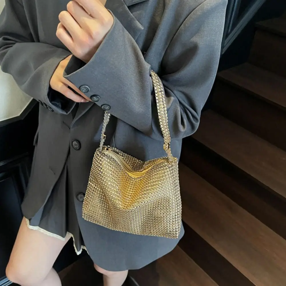 

Personality Large Capacity Rhinestone Handbag Zipper Shiny Small Square Bag Purse Blingbling Cloth Shoulder Bag Women