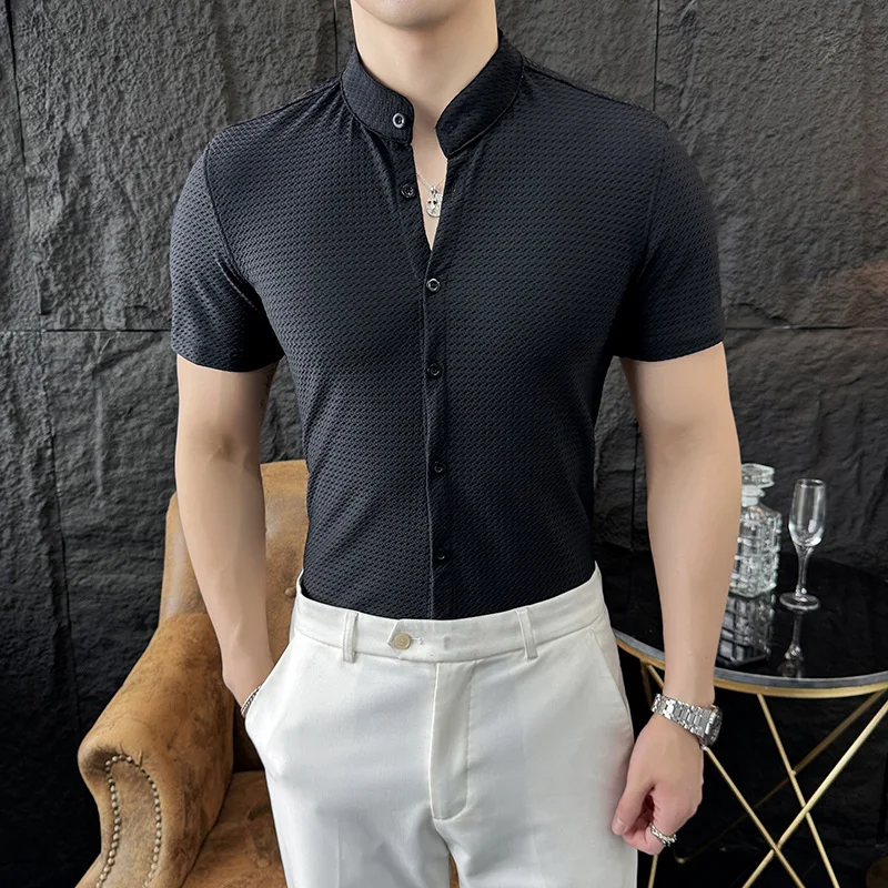 

High Elasticity Short Sleeve Shirt Men's Fashion Slim Fit Casual Business Dress Shirts Social Office Streetwear Men Clothing