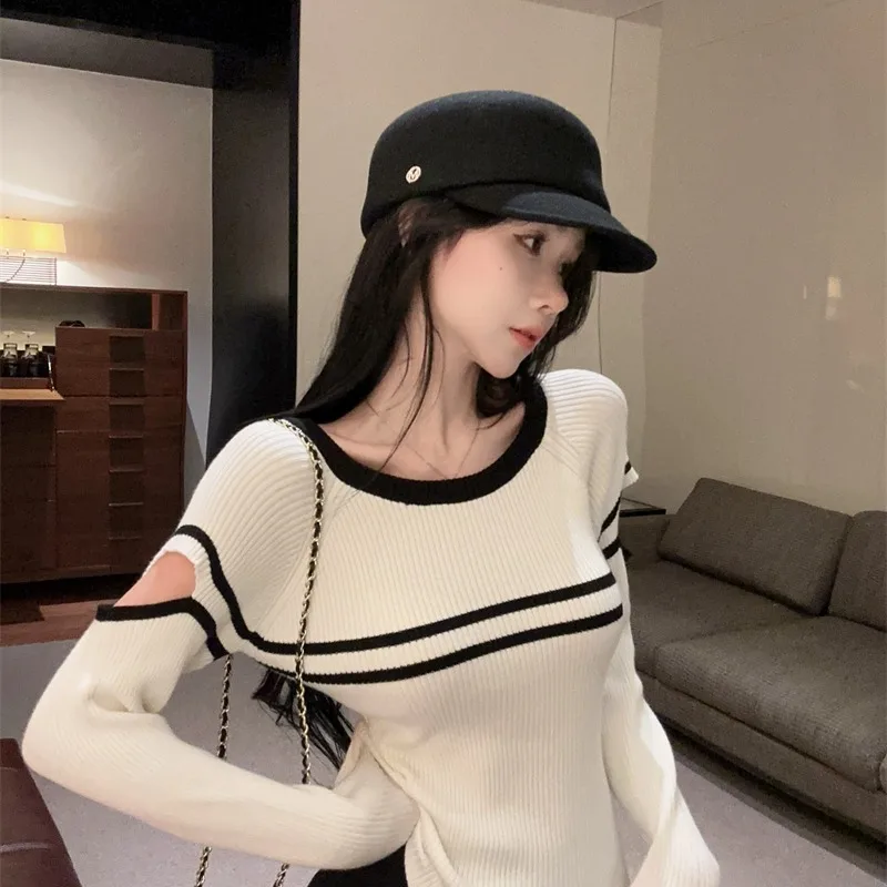 Maglione lavorato a maglia lungo Sve slim fit da donna autunno inverno scava fuori rotondo Ne Color Blo Sweet Sle Moisture ng