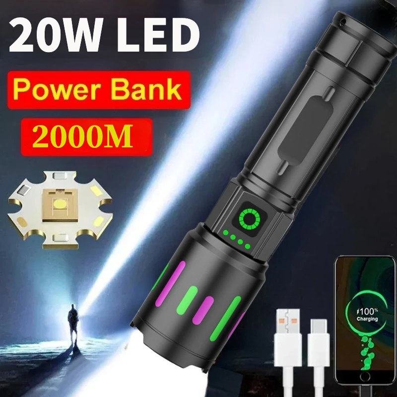 Super Powerful Flashlight 20W LED Rechargeable Fluorescent Absorbing Film Luminous Zoom Handlamp 2000 Meters