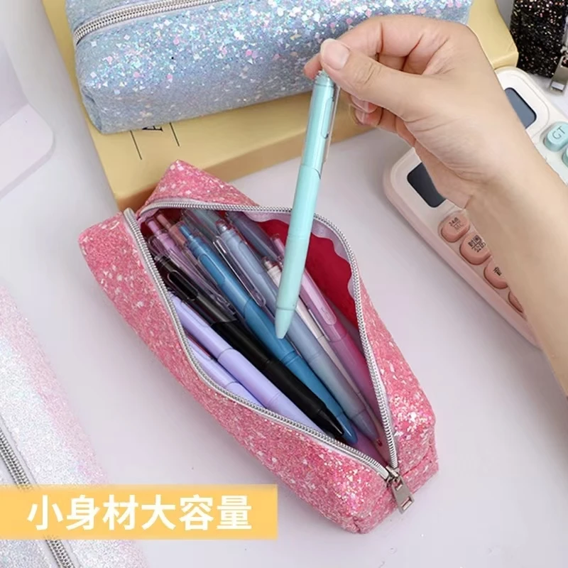 Shiny Sequin Pencil Case Boys Learning Stationery Storage Creative Simple Gold Sparkle Polyester Fiber Makeup Bag from Mainland