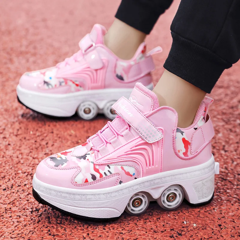 4-Wheel Dual-Use Skating Shoes Double-Row Roller Men's Casual Sneakers Women's Men's Sport Walking Running Shoes