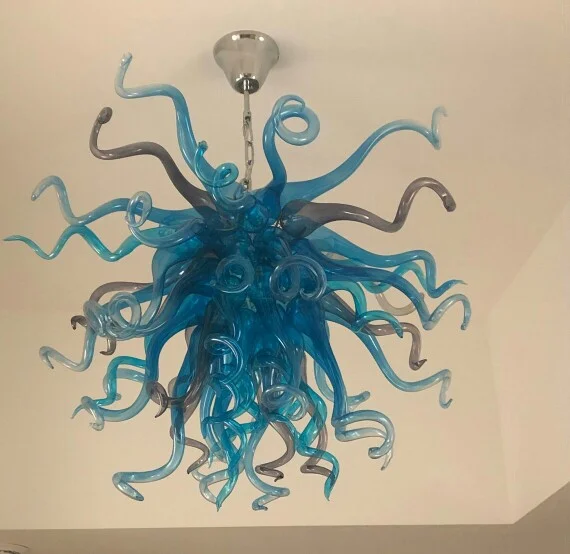 Hand Blown Glass Chandelier Art Decoration Blue and Grey Glass Pendant Lamps 28 by 20 Inches