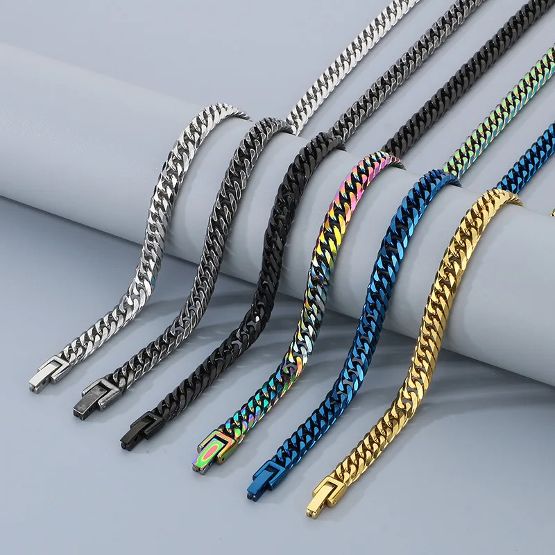 Cadena Cubana de 7-8mm en Oro Punk, Pulsera y Collar para Hombre y Mujer, Estilo Hiphop, Acero Inoxidable Negro y Azul, Joyería Biker y Choker