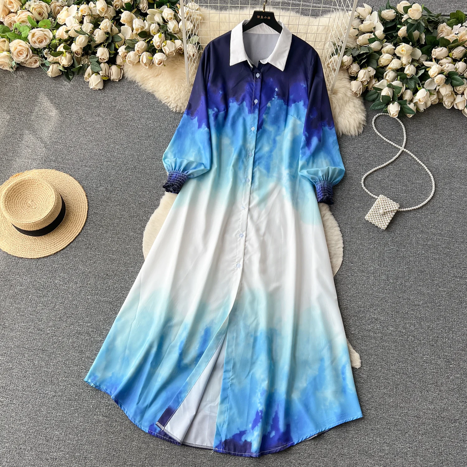 

Spring Autumn Floral Print Shirt Dress for Women Lapel Collar Long Sleeve Single Breasted A Line Loose Casual Famale Maxi Dress