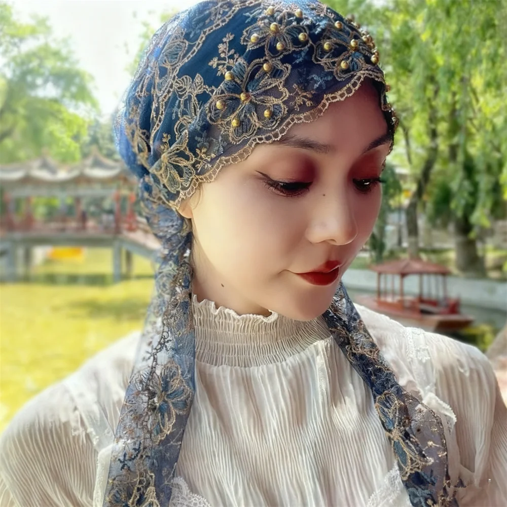 

Women Long Tail Headscarf Turban Lace Embroidery Beads Bonnet Muslim Hijab Beanies Headscarf Hats Party Chemo Cap Turbante Mujer