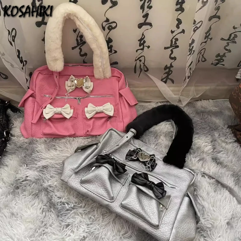 

Y2k Aesthetic Chic Fairy Bow Top-Handle Bags Fashion Streetwear Fluffy Shoulder Underarm Bag Women All Match Purses and Handbags